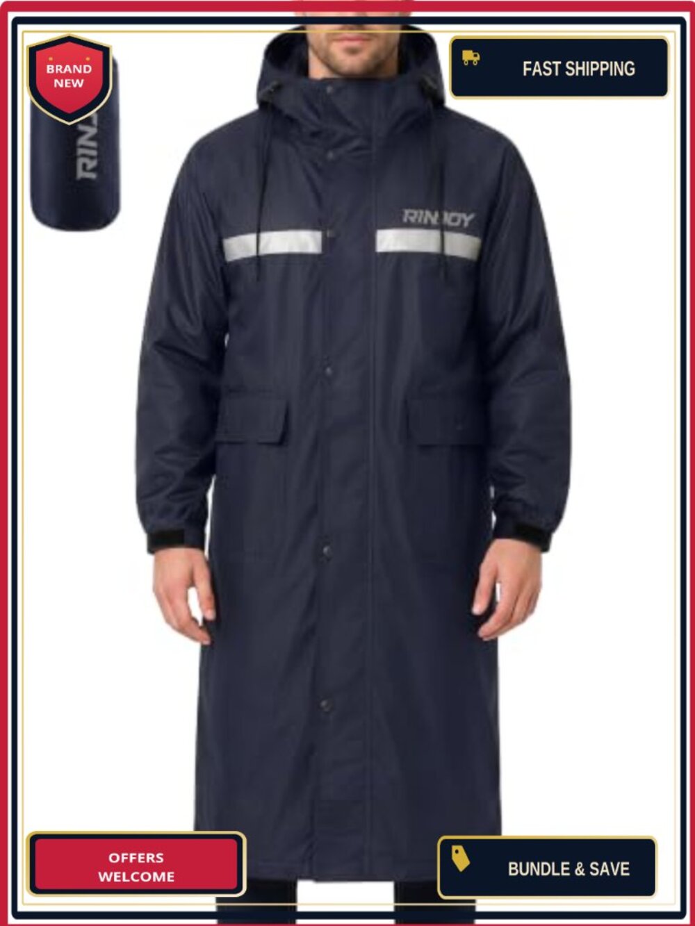 Men's Waterproof Long Rain Jacket Hooded Reflective Raincoat